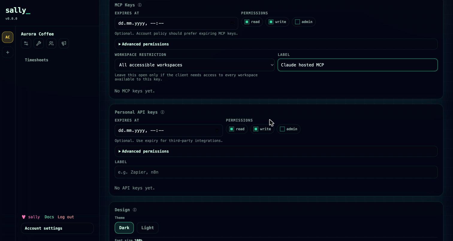 Personal API keys and hosted MCP keys with scopes and expiry
