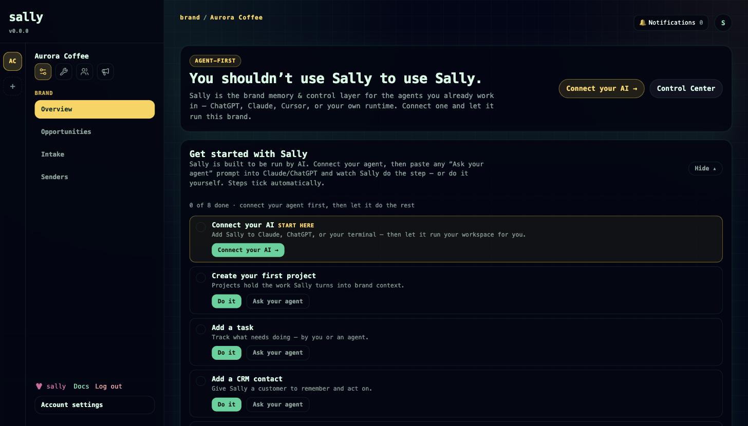 Sally brand overview with the Getting Started checklist