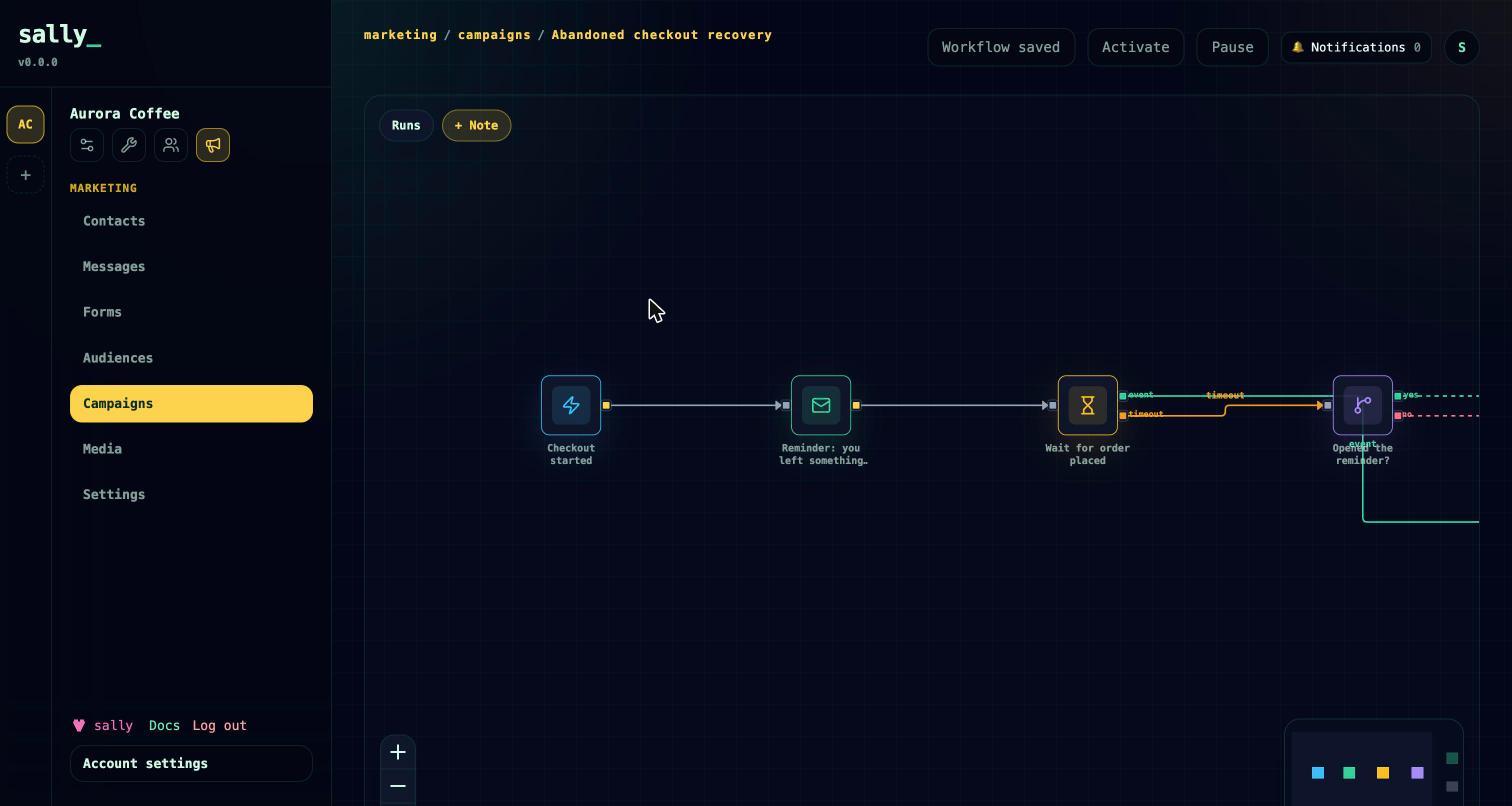 The campaign graph editor with trigger, send, wait-until, and decision nodes