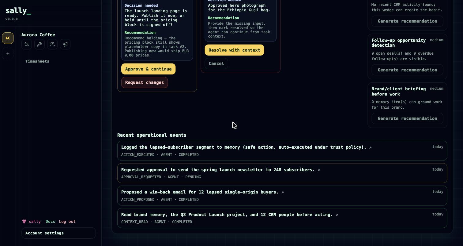 The operational-event timeline: context read, action proposed, approval requested, action executed