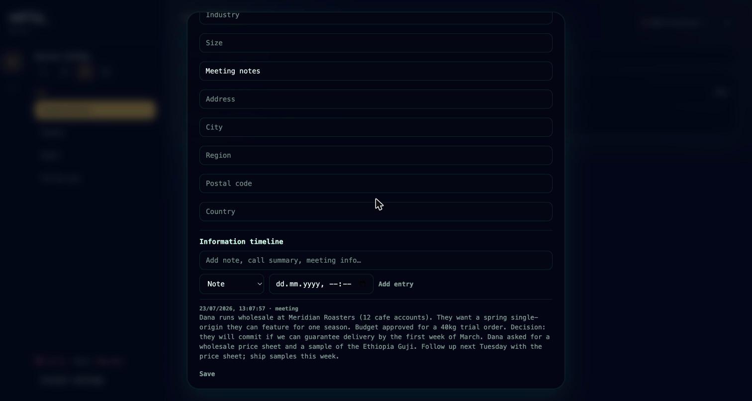 A CRM organization record with its information timeline