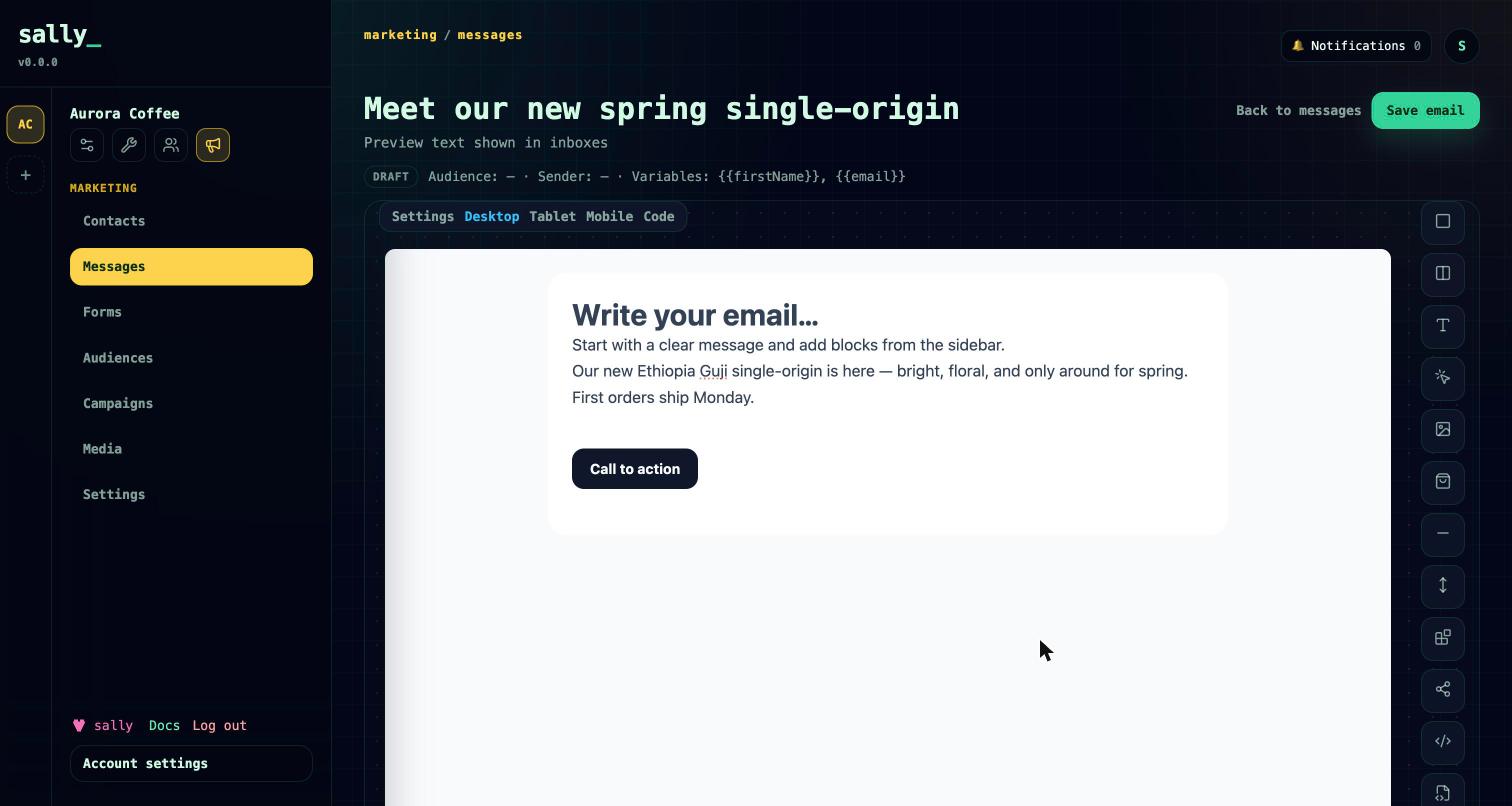 The visual email builder with blocks on the canvas and the block palette