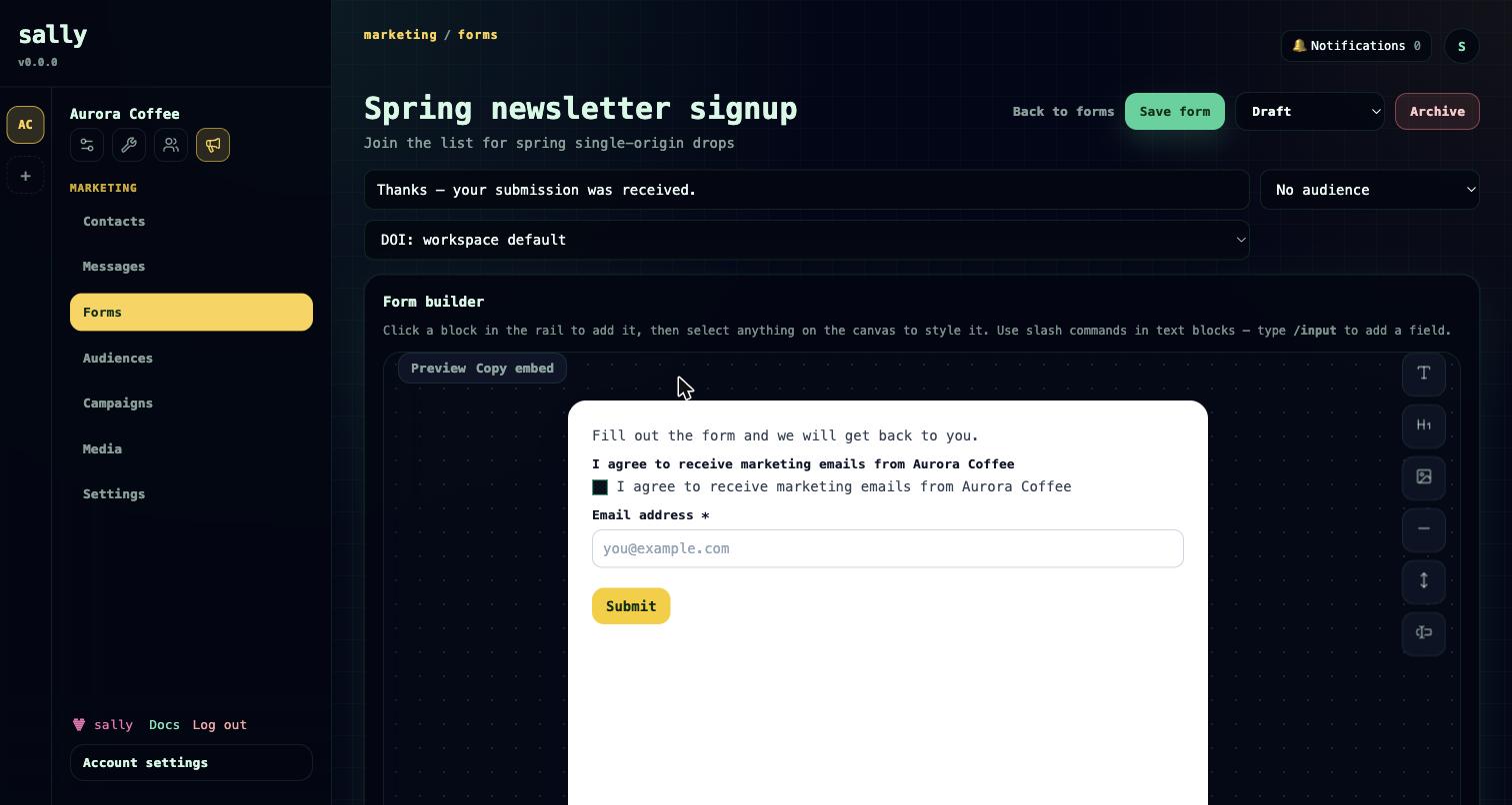 The form builder with a consent field and an email field