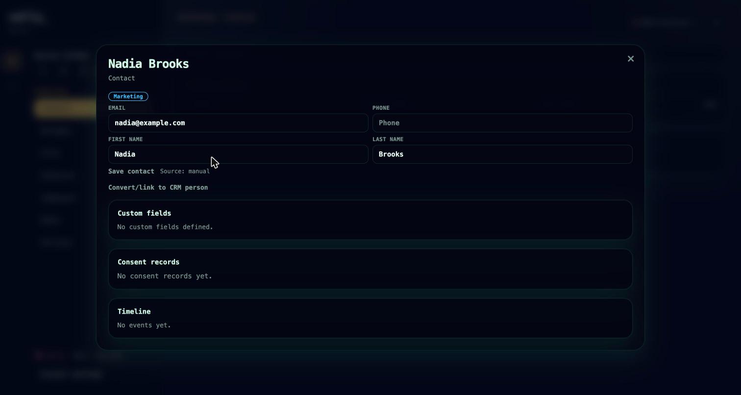 A marketing contact record with custom fields, consent, and timeline