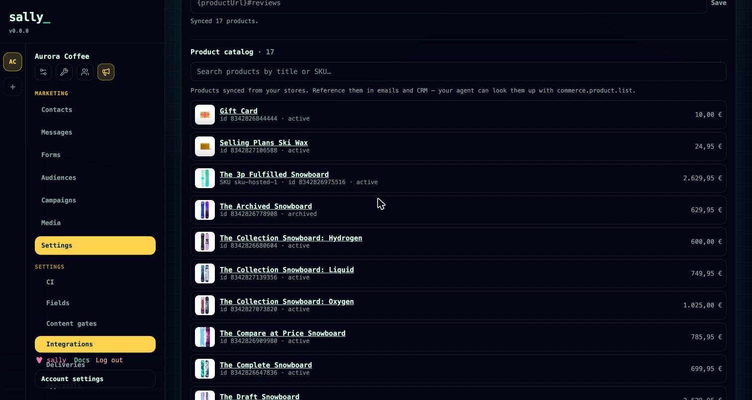 The synced product catalog with search by title or SKU