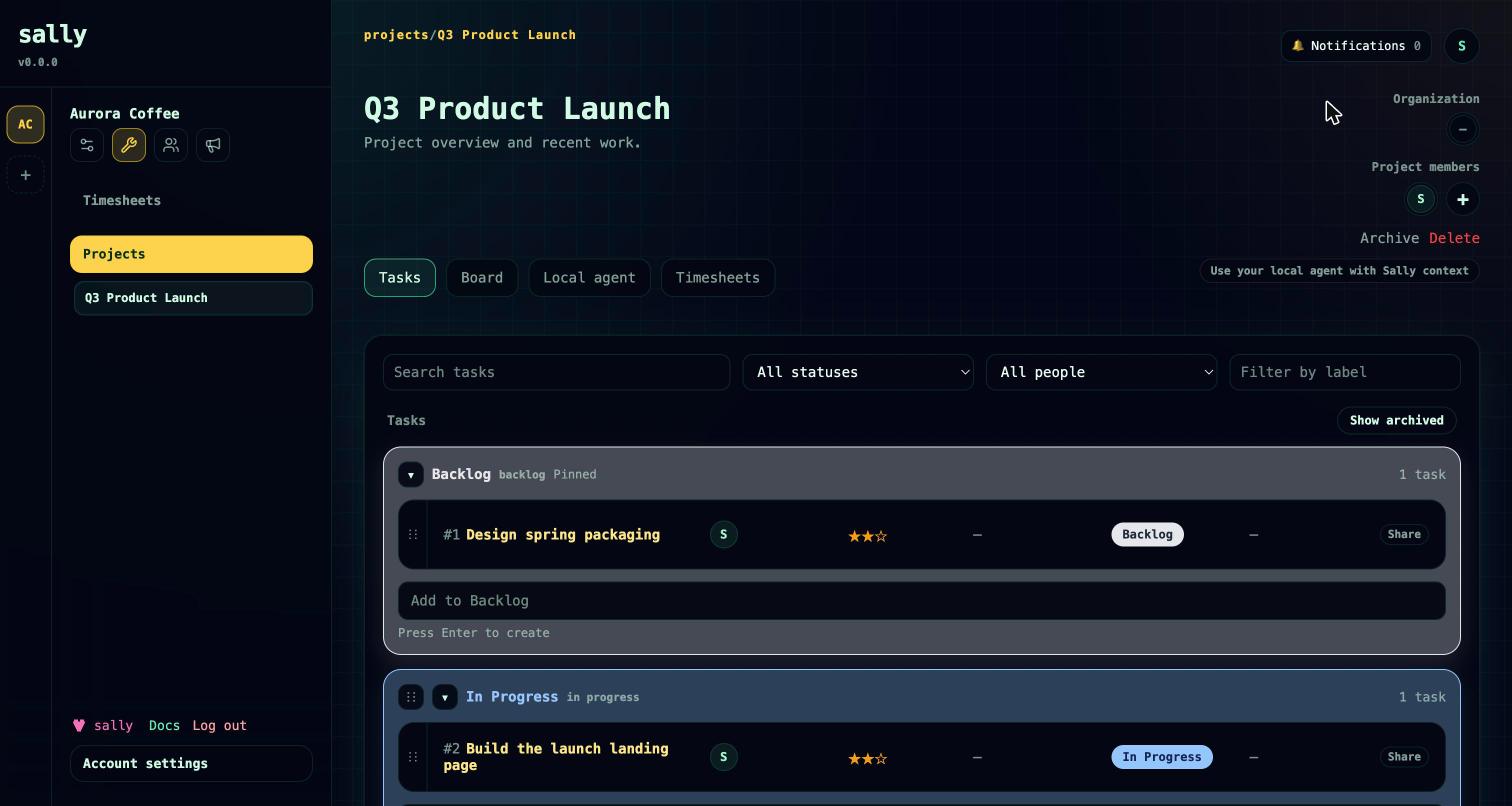 A project board with status columns and tasks
