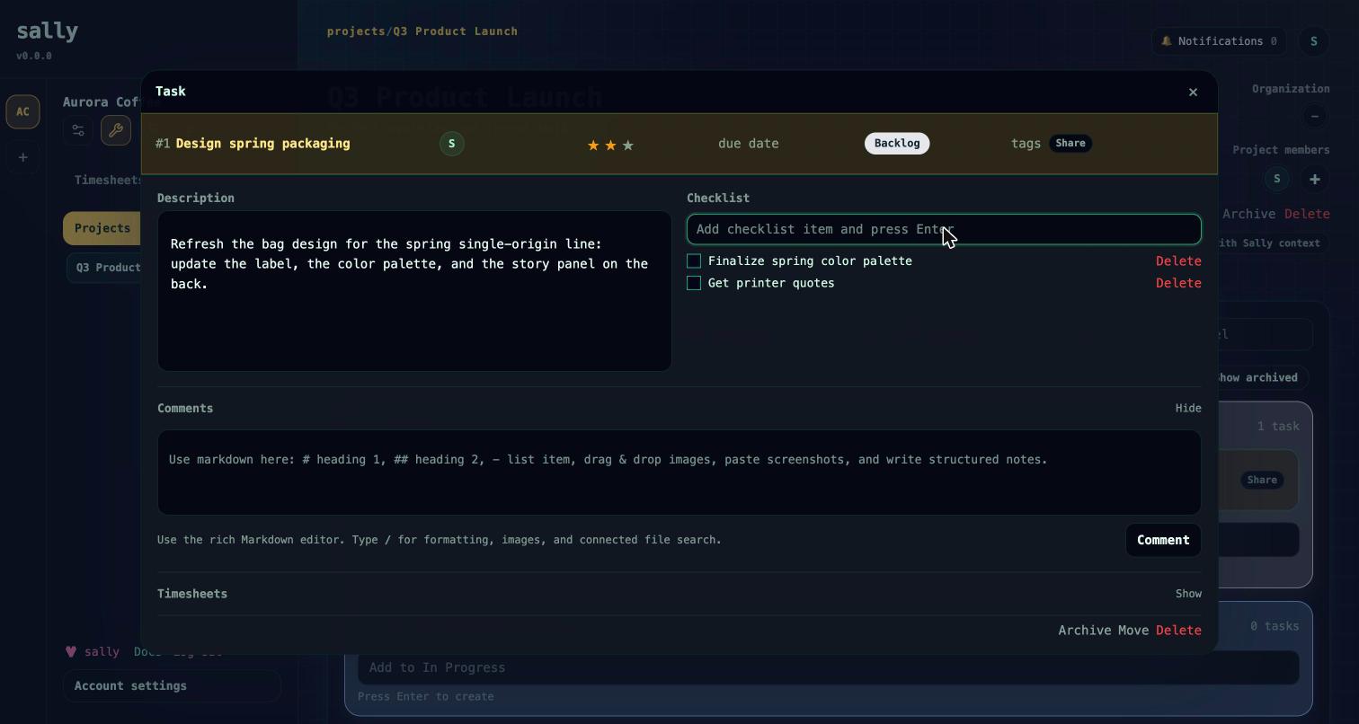 A task detail view with description and checklist