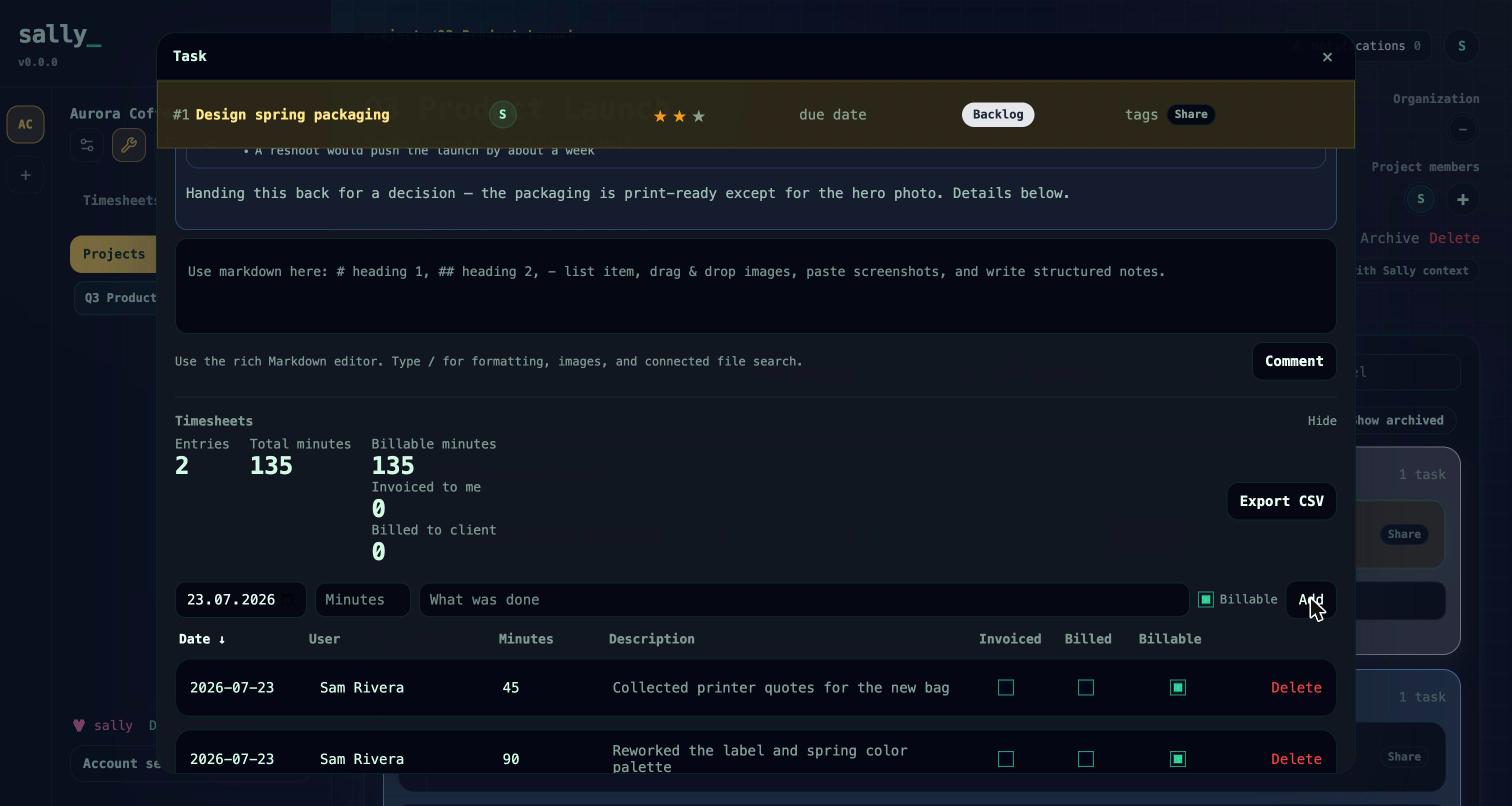 A task with its time entries listed