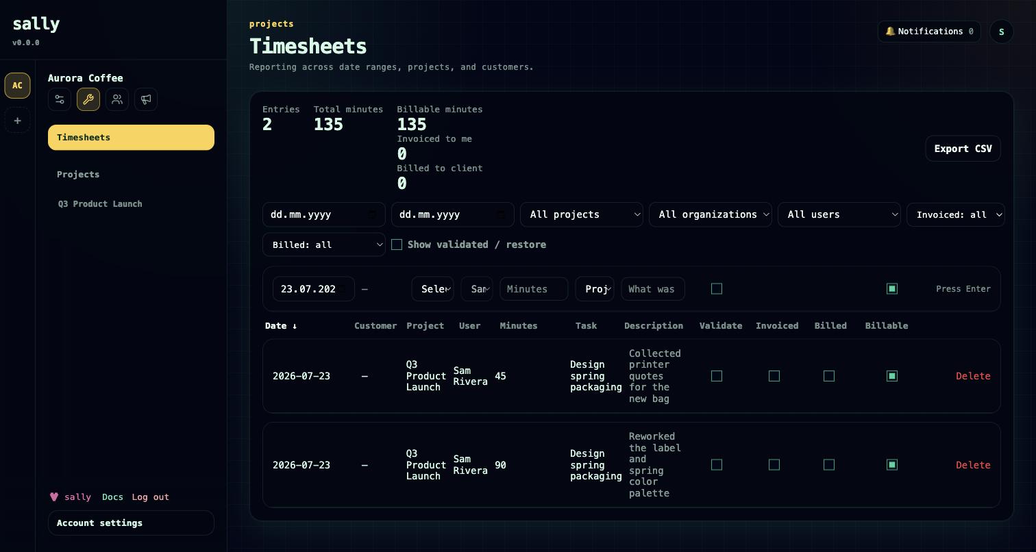 The timesheet report with filters and billable summary