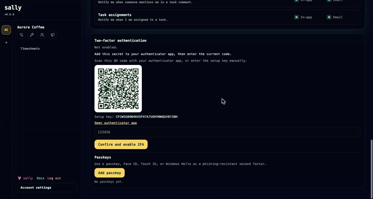 Two-factor authentication setup with QR code and confirmation field