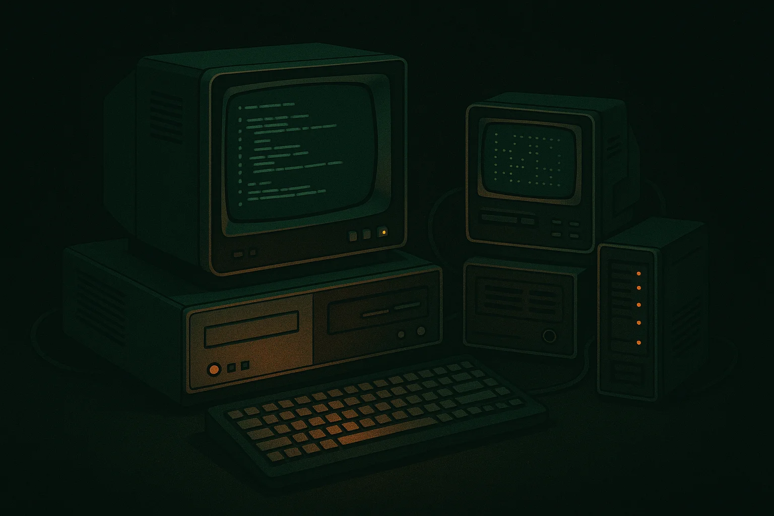 Dark retro-tech illustration representing self-hostable software, independence, and fair-code values.