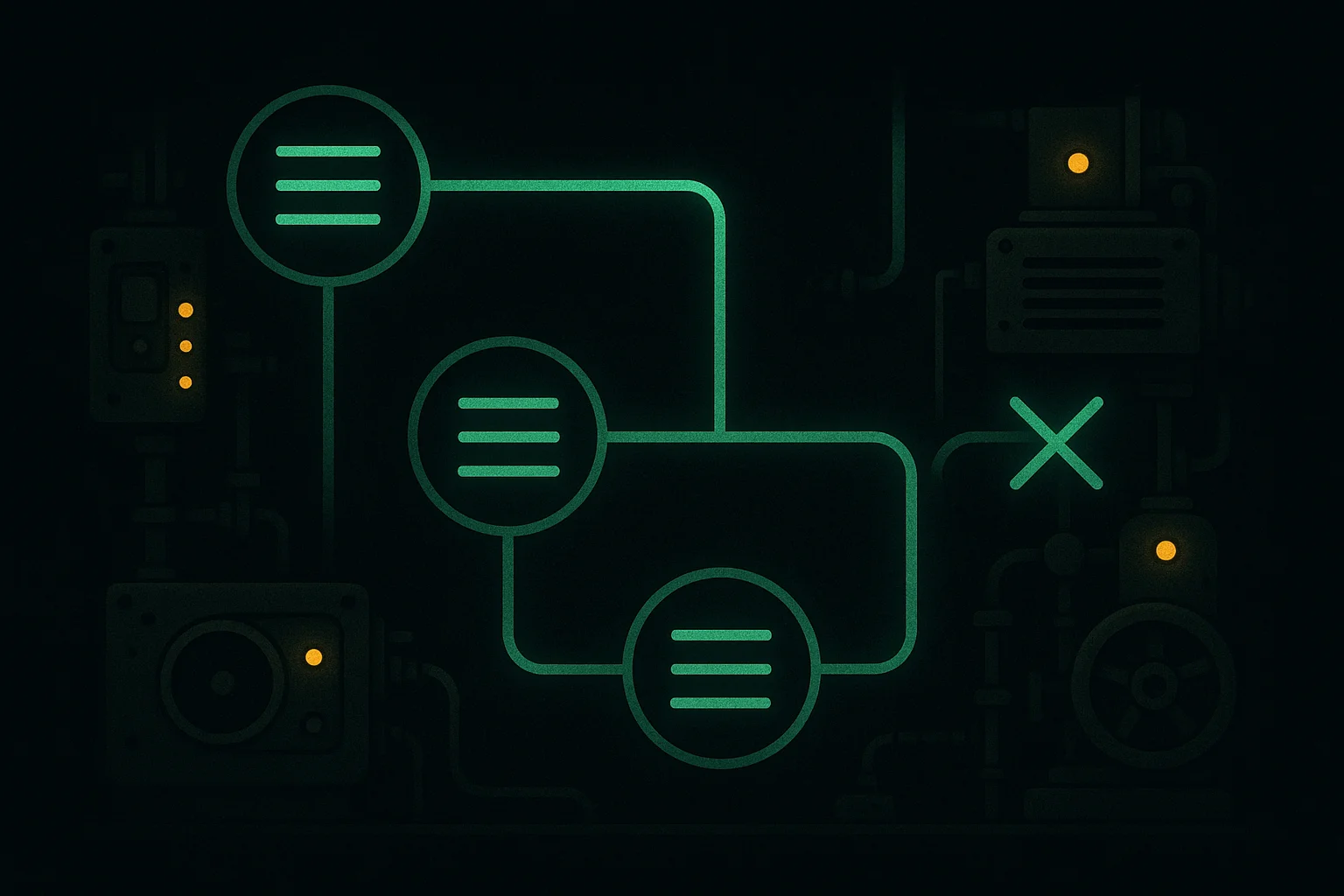 Dark retro-futurist illustration of orchestrated systems, terminals, and automation pipelines representing Sally's API-first features.