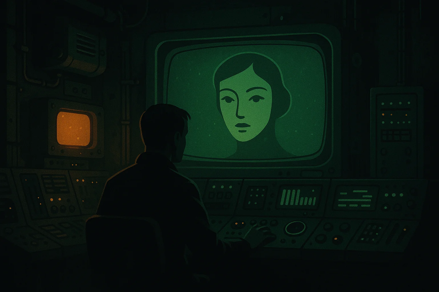 Atmospheric dark illustration of a human operator and AI systems coordinating work, representing why Sally was built.